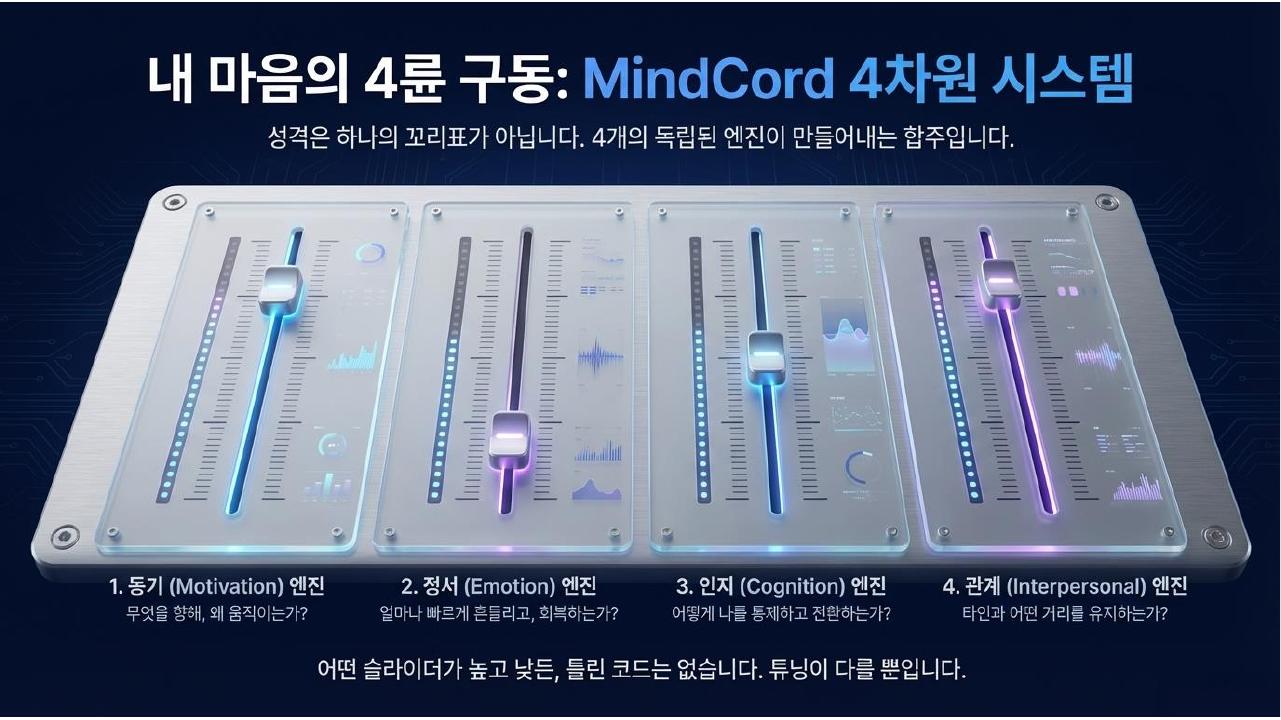 동기 정서 인지 관계 네 시스템의 여덟 방향을 조절 슬라이더로 표현한 마인드코드 도식
