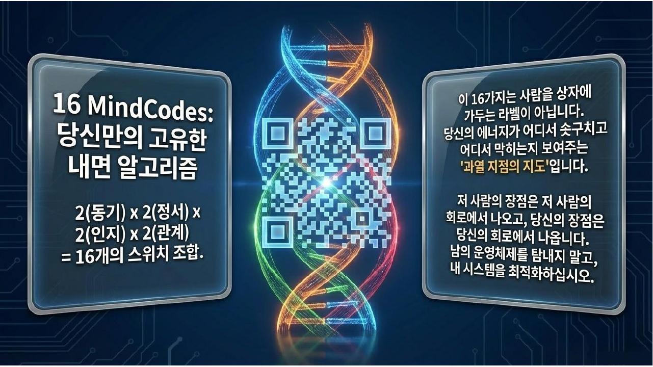 네 시스템의 조합이 16가지 마인드코드로 이어지는 DNA 형태의 도식